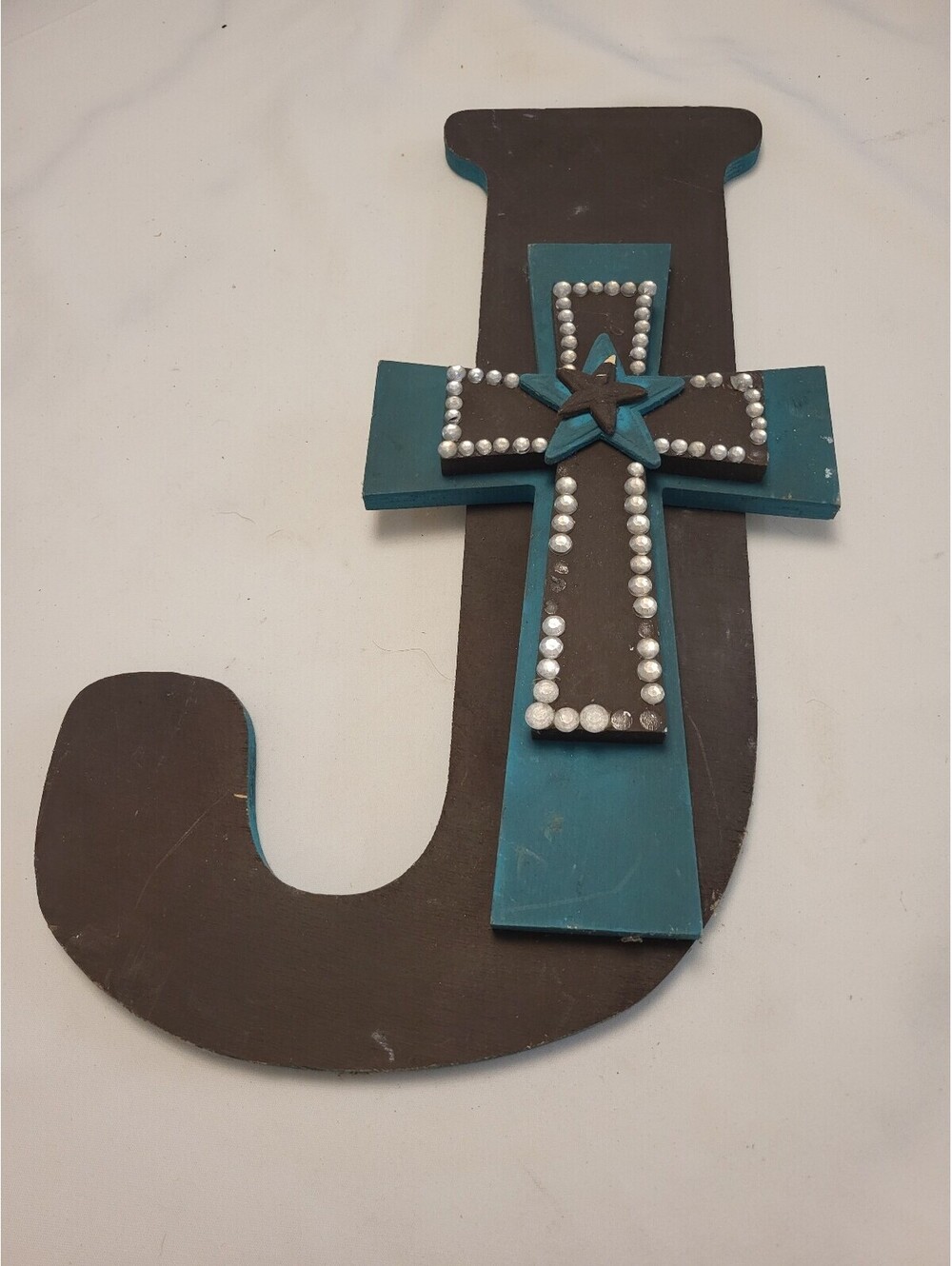 Southern Sweet Stuff Wooden Letter J with Teal and Brown Cross Accent 18x7.5